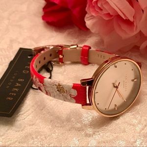 Ted Baker Floral Red Textured Leather Strap Watch